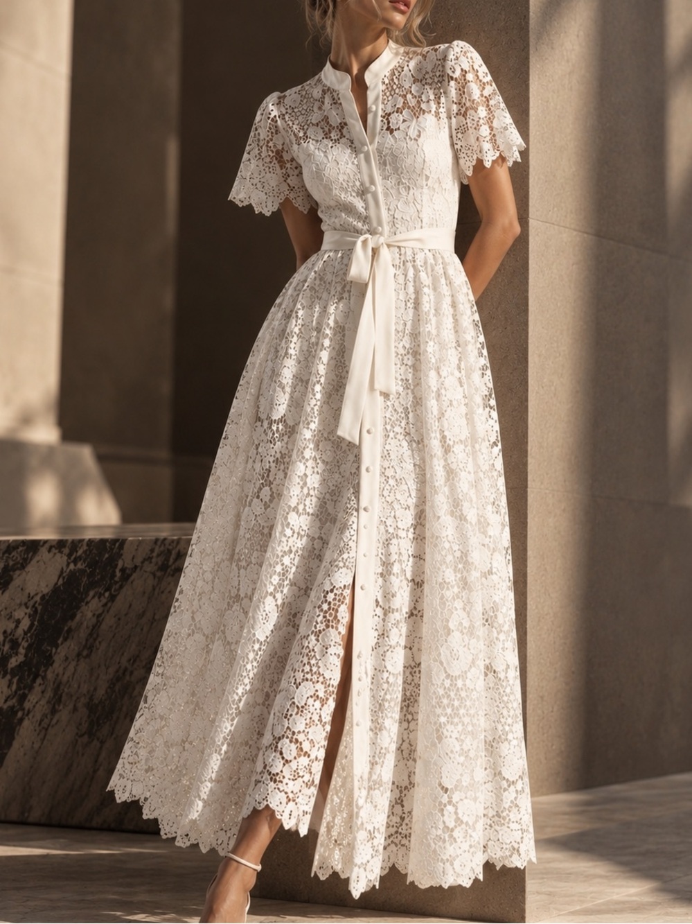 Alberto Makali Ivory Lace Midi Dress with Tie Waist